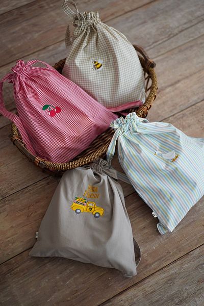Kirazkids 4-Piece Natural Cotton - 4 Different Colored Embroidered Cloth Pouch Set