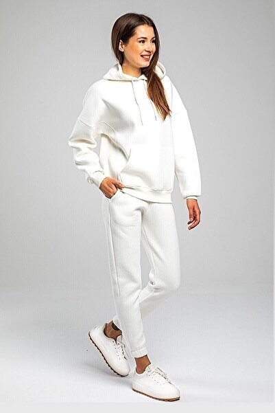 CMZ COLLECTİON Γυναικείο σετ φόρμας με κουκούλα σε λευκό χρώμα, από φλις με 3...