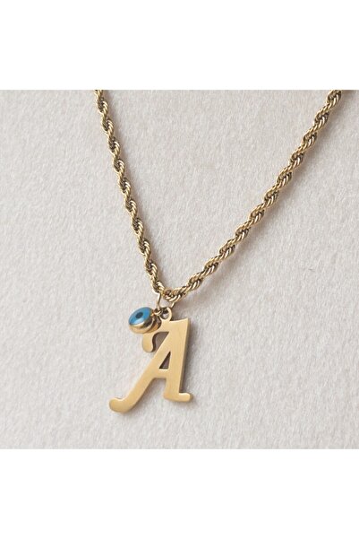 Siya Silver 316L  Kararmaz Çelik Gold Renk Nazar Boncuklu  Uzun Burgu Zincirli Harfli Kadın Kolye