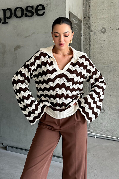 MODAGEN Ecru V-Neck Brown Striped Women's Knitwear Sweater