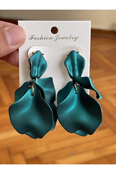 Rupen Kraft Yeşil Renkli Gül Yaprağı Abiye Tasarım Küpe Şık Abiye Küpe