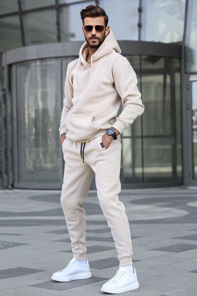 CMZ COLLECTİON Ανδρικό σετ φόρμας με κουκούλα σε μπεζ/κρεμ χρώμα με 3 κλωστές