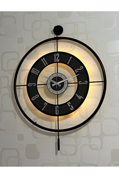 Pey Aksesuar Metal Camlı Duvar Saati (60X80 CM BÜYÜK BOY) Işıklı Gerçek Cam Siyah-şeffaf-siyah-gümüş