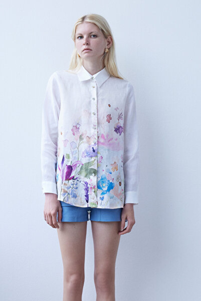 By Mare Style Floral Printed Pure Linen White Shirt Violet Shirt