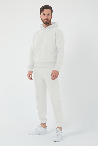 CMZ COLLECTİON Ανδρικό λευκό σετ αθλητικής φόρμας με κουκούλα και ψηλόμεση ελ...