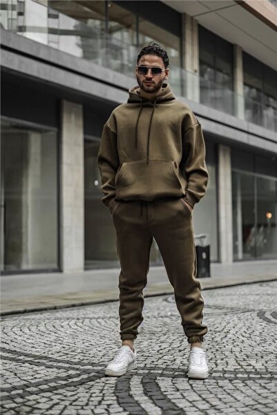 CMZ COLLECTİON Ανδρικό σετ φόρμας με κουκούλα χακί 3 κλωστών Kangaroo Pocket ...