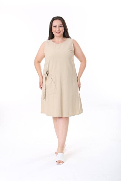 TUSSE Φόρεμα 100% από ακατέργαστο λινό, αμάνικο, μονόχρωμο, με λεπτομέρεια τσέπης, ντραπέ, μεγάλου μεγέθους