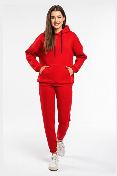 CMZ COLLECTİON Γυναικείο κόκκινο σετ αθλητικής φόρμας με κουκούλα και ψηλόμεσ...