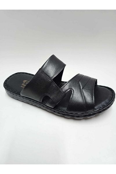 EMRE AYAKKABI Genuine Leather Black Orthopedic Comfortable Men's Slippers
