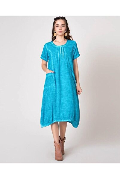 Bohemian Turquoise Colored Organic Cotton - Women's Short Sleeve Dress with Stone Detail