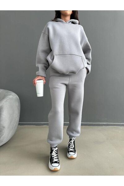 CMZ COLLECTİON Set de trening gri pentru femei, cu glugă și talie înaltă, Puf...