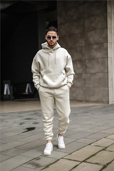 CMZ COLLECTİON Ανδρικό σετ φόρμας με κουκούλα σε μπεζ χρώμα, με τριπλή κουκού...