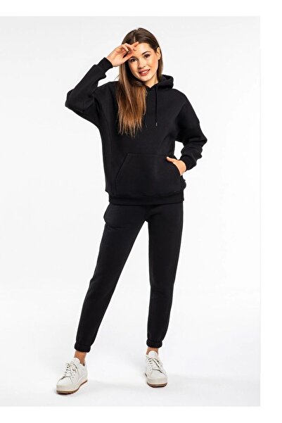 CMZ COLLECTİON Γυναικείο μαύρο σετ φόρμας με κουκούλα και ψηλή μέση, φουσκωτό...