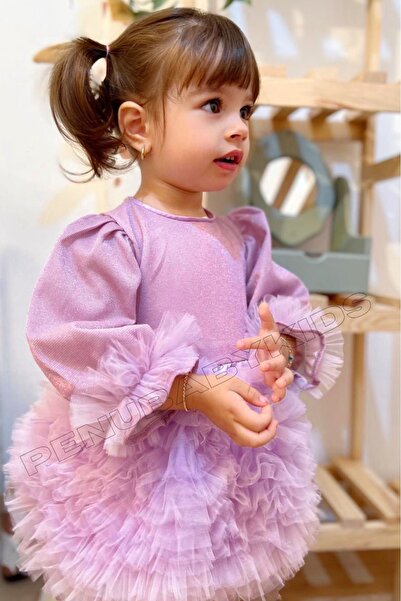 penu baby kids Lila Tütülü Uzun Kol Kız Bebek Elbise - Princess