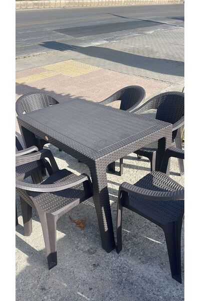 teknotrust 6 Rattan Plastik Sabit Masa 70x120 6 Adet Gold Plastik Sandalye Mo...