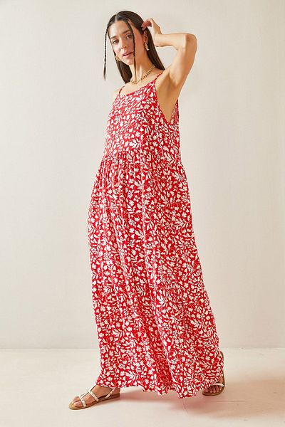 XHAN Red Midi Dress with Straps - Patterned 5YXK6-48859-04