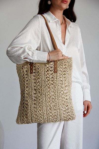 Julidress Ψάθινο κεντημένο καφέ δερμάτινο πλεκτό στο χέρι - Τσάντα παραλίας