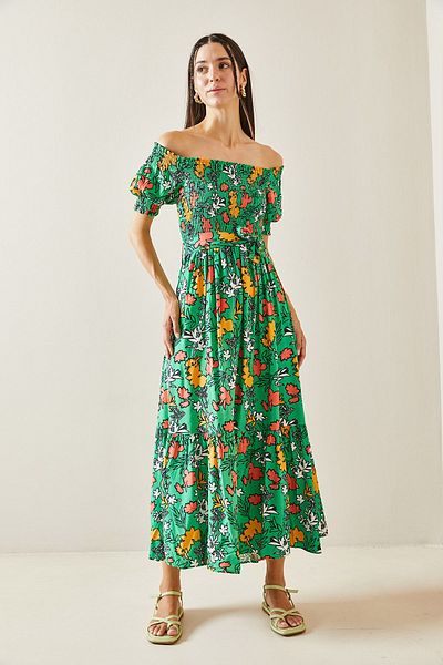 XHAN Green Gipe Patterned Boat Neck Dress - 5YXK6-48858-08