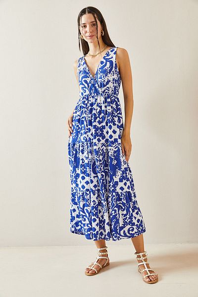 XHAN Patterned Blue Double Breasted Maxi Dress - 5YXK6-48817-12