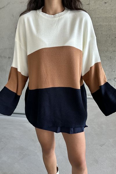 MODAGEN Ecrufarbener Strickpullover für Damen – zweifarbig, Rundhalsausschnitt