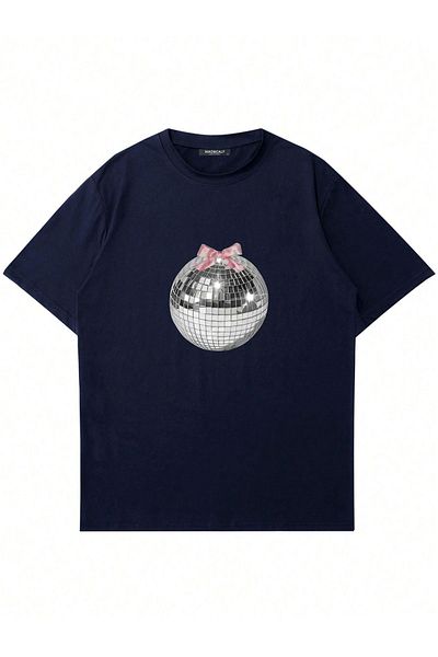 Mad&Calf Tricou de damă oversize cu imprimeu Disco Ball - Decolteu