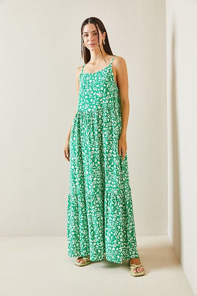 XHAN Green Patterned Midi Strap Dress - 5YXK6-48859-08