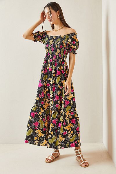 XHAN Boat Neck Black Gipe Dress - Patterned, Model No: 5YXK6-48858-02
