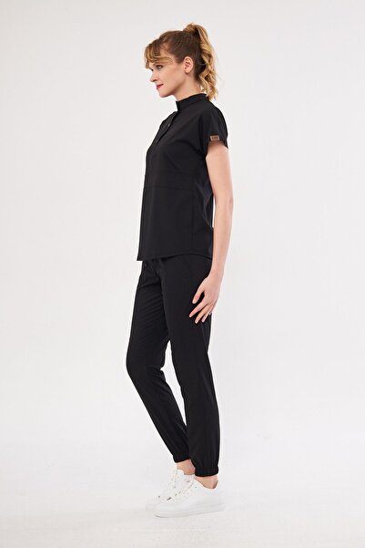 Class Üniforma Nova - Siyah Kadın Likralı Hakim Yaka Çıtçıtlı Esnek Ve Forması Scrubs