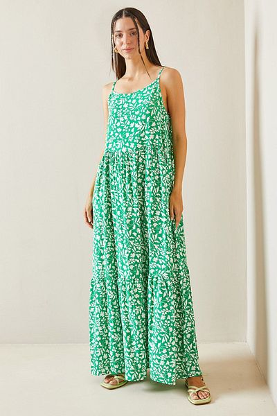 XHAN Green Patterned Midi Strap Dress - 5YXK6-48859-08