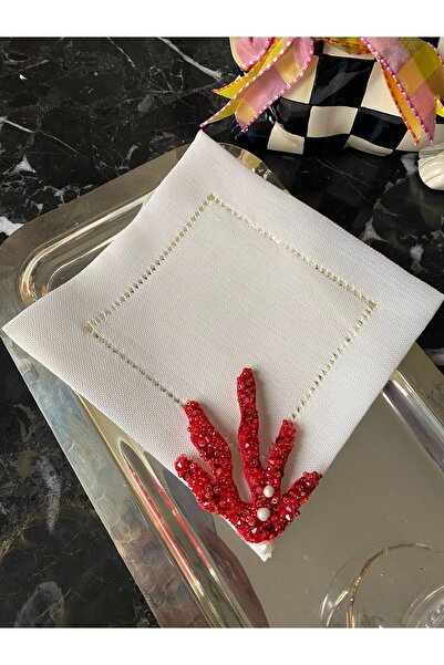 Handmade 1 Adet Mercan figür işlemeli kahve yanı sunum peçetesi