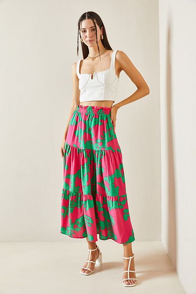 XHAN Flounced Green Floral Patterned Midi Skirt - 5YXK7-48828-08