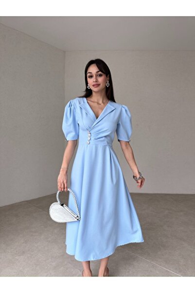 Afiş Butik Rochie midi cu piept dublu cu detalii de piatră - drapată