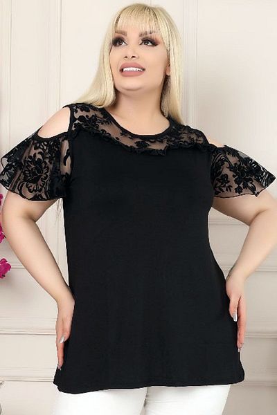 Kheos Specially Designed Off Shoulder Sleeves Lace Detailed Flowy Tunic