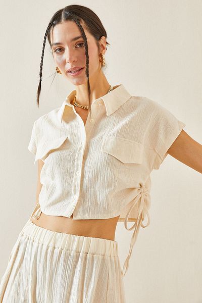 XHAN Polo Neck Beige Shirt - Gathered, Model 5YXK2-48844-25