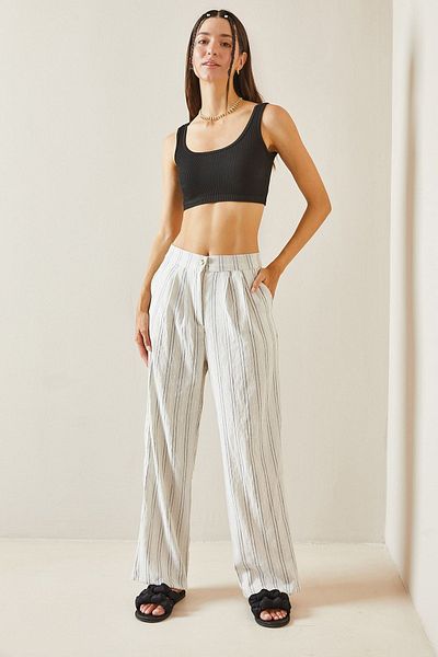 XHAN Palazzo White Striped Trousers - 5YXK5-48841-01