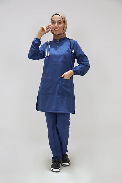 ÇİZGİ MEDİKAL Lycra Hijab Nurse Uniform Judge Collar Oil Blue Indigo Blue Suit