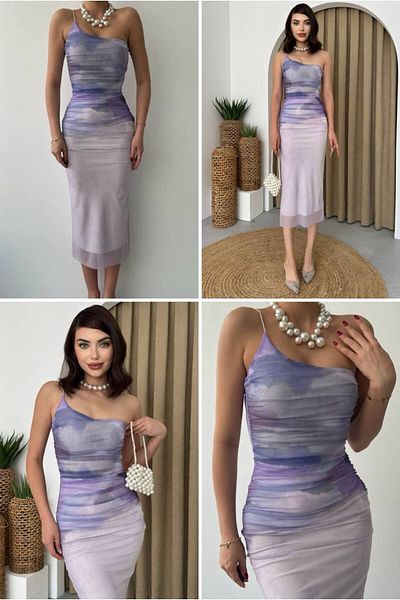 my bestt butik Women's One Shoulder Strap Midi Length Color Print Evening Dress