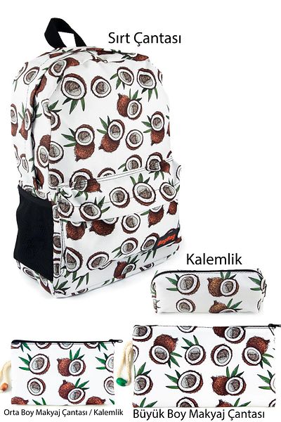 BYBAG Σετ με 4 μεγάλες τσάντες μακιγιάζ με μοτίβο καρύδας - θήκη για στυλό και σακίδιο πλάτης