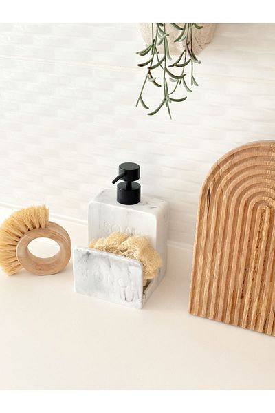 Minika Home Λευκός Διανομέας Υγρού Σαπουνιού - Πέτρινο Μαρμάρινο Μοτίβο και Θήκη Σφουγγαριού