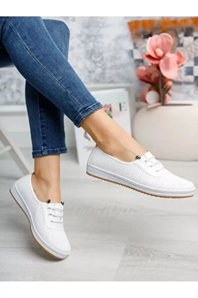 Ayakkabı Ülkesi Ορθοπεδικά καθημερινά λευκά μαλακά γυναικεία παπούτσια μπαλαρίνας με διάτρητο κορδόνι