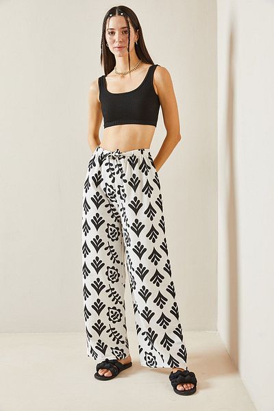XHAN Wide Leg Black Patterned Trousers - 5YXK5-48819-02