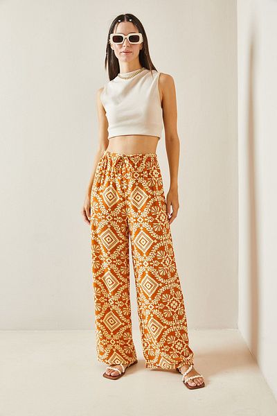 XHAN Wide Leg Mustard Patterned Trousers - 5YXK5-48820-37