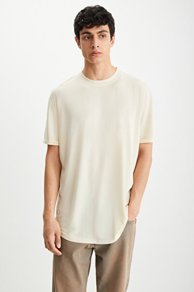GRIMELANGE Oscar Erkek Comfort Fit Uzun Dökümlü Kumaş Vanilya T-shirt
