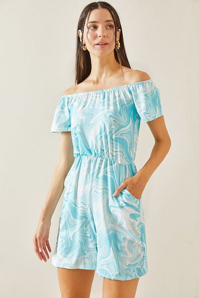 XHAN Batik Patterned Turquoise Jumpsuit - Boat Neck 5YXK6-48845-13