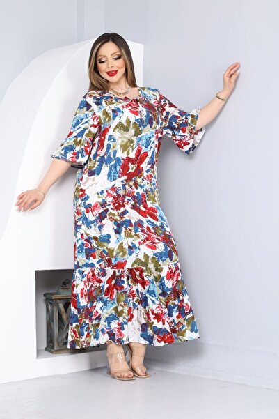 sinemisxxl فستان فيسكوز مكشكش مزين بالزهور مقاس كبير