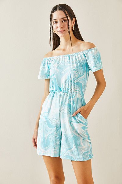 XHAN Batik Patterned Turquoise Jumpsuit - Boat Neck 5YXK6-48845-13