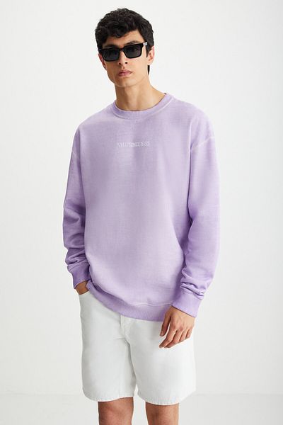 GRIMELANGE BLANDON Men's Crew Neck Fleece Inside Print Detailed Washed Lilac Sweatshirt