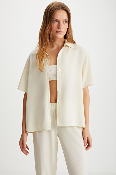 GRIMELANGE Carmına Kadın Kısa Kollu Dugmeli Cepsiz Ekru Gömlek