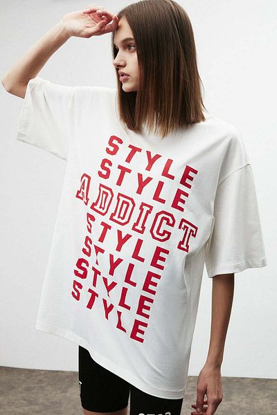 GRIMELANGE Tricou oversize alb - 100% bumbac organic, decolteu, text imprimat