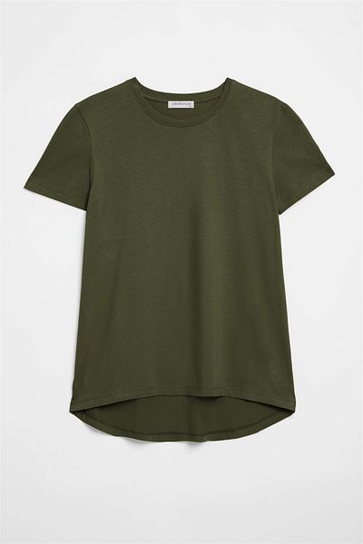GRIMELANGE Samantha Women - 100% οργανικό βαμβάκι, Comfort Fit, Χακί T-shirt, Long Back Basic Model